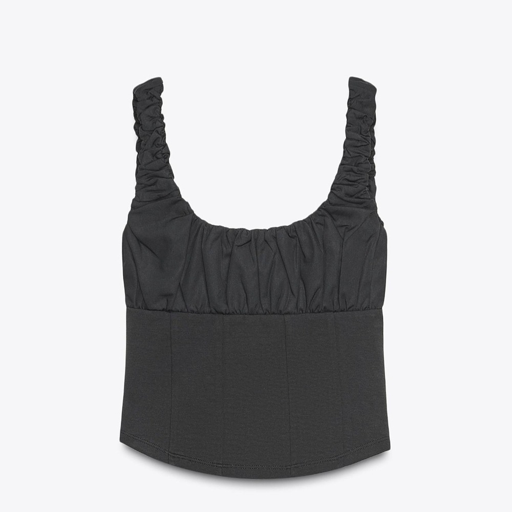 Zara‎ Black Ruched Corset Top Square Neck Sleeveless Cropped 3641/818 Size M